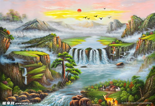 油畫風景 漂亮的山水油畫設計圖 psd分層素材