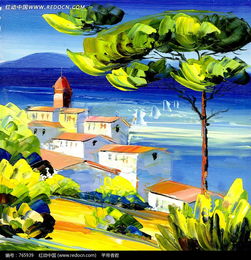 油畫海邊的房屋的樹木圖片免費下載 紅動網
